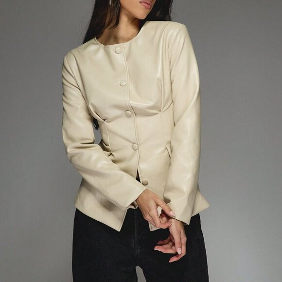 Apricot Elegant Women's Woven Fabric Buttoned Collarless Pintuck Long Coat - Picture 6 of 7